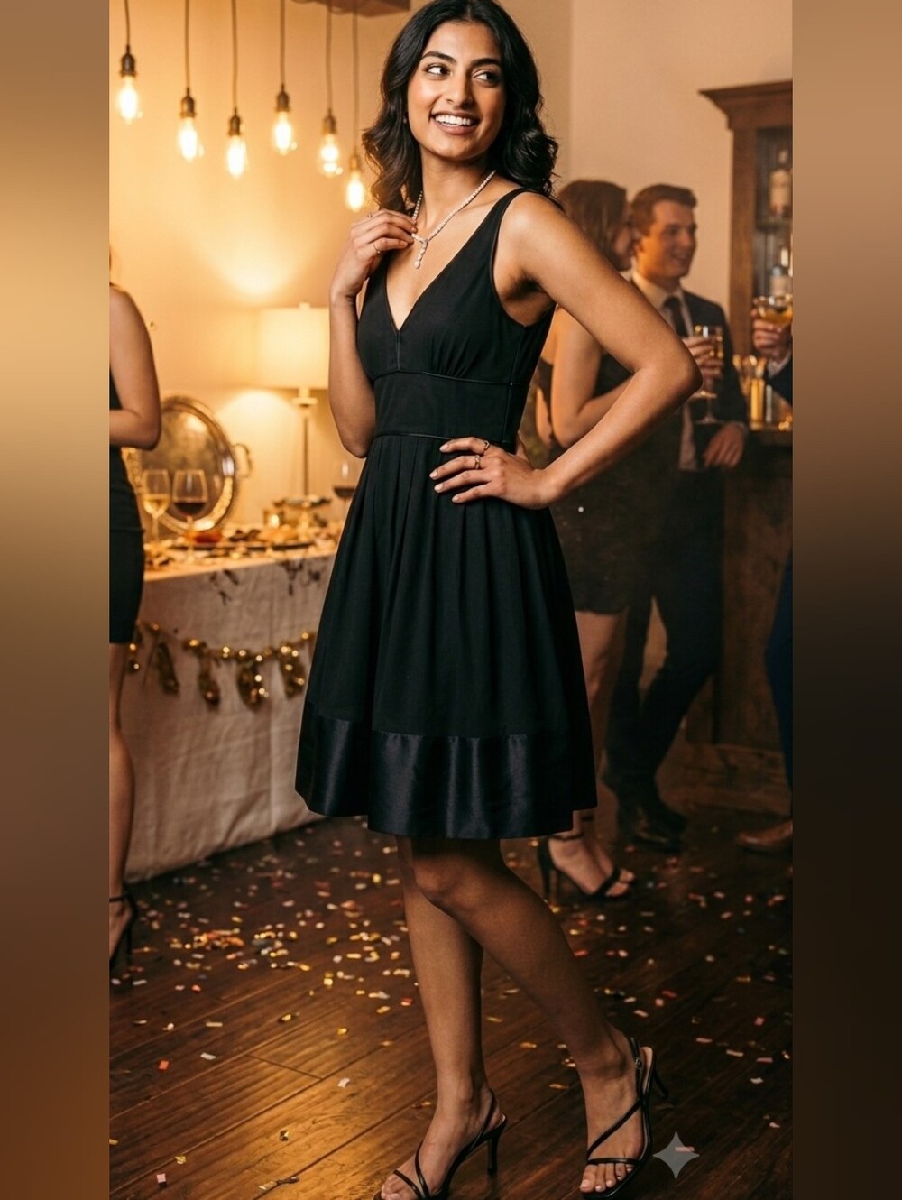 Evan Picone Black Empire Waist Pleated Cocktail Dress Satin Hem Look Size 8